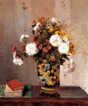  1873 Canvas - chrysanthemums in a chinese vase 1873 Camille Pissarro